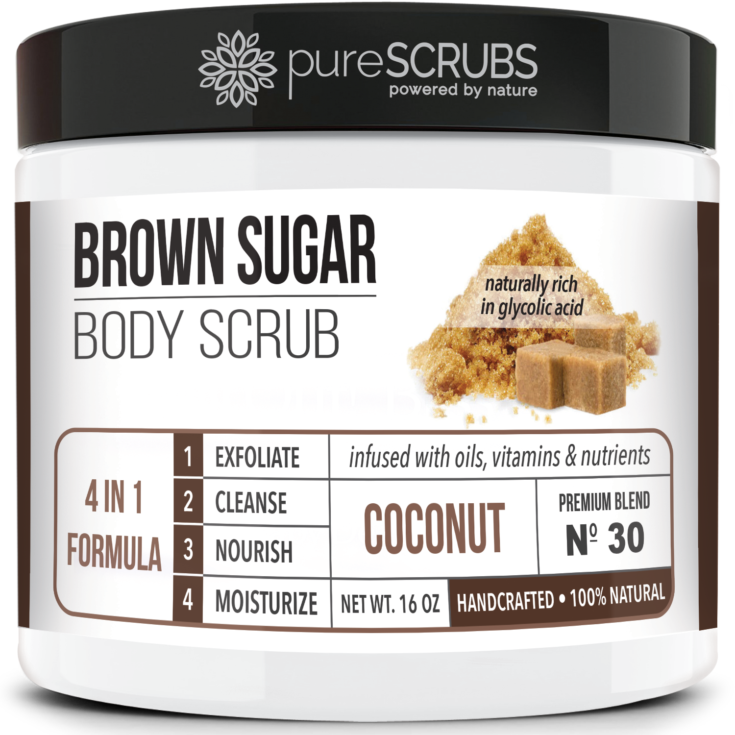 purescrubs coconut brown sugar body scrub Premium Blend #30 to exfoliate your skin comes with free loofah pad free exfoliating organic oatmeal bar soap shea butter and honey and free eco-friendly bamboo spoon to stir and scoop out the scrub 