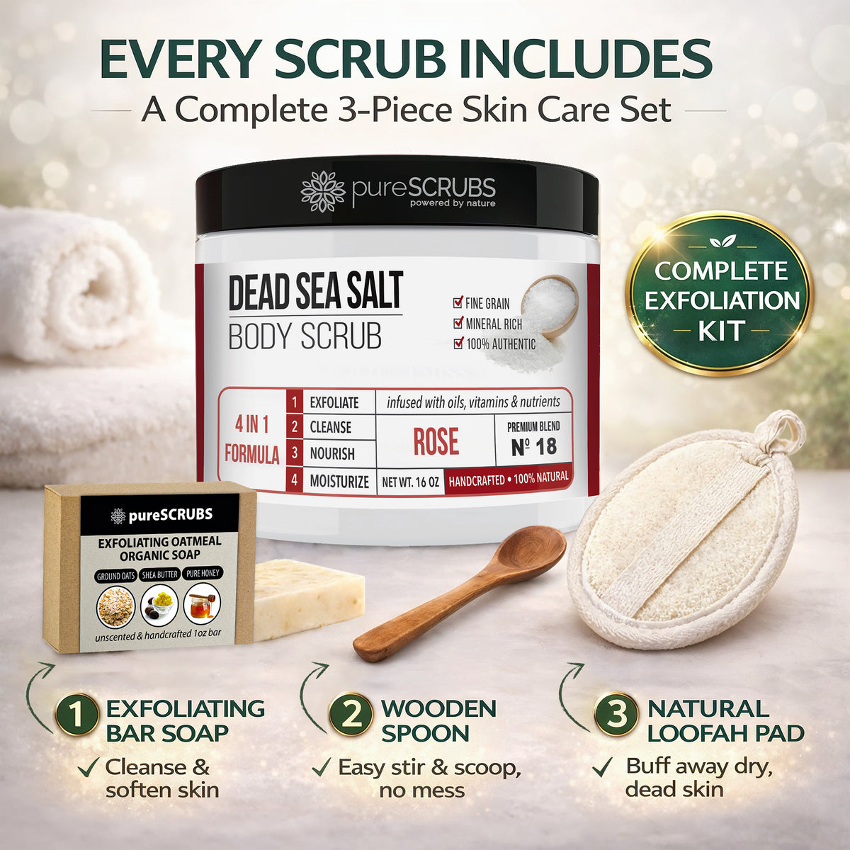 Rose Body Scrub / Dead Sea Salt / Premium Blend #18