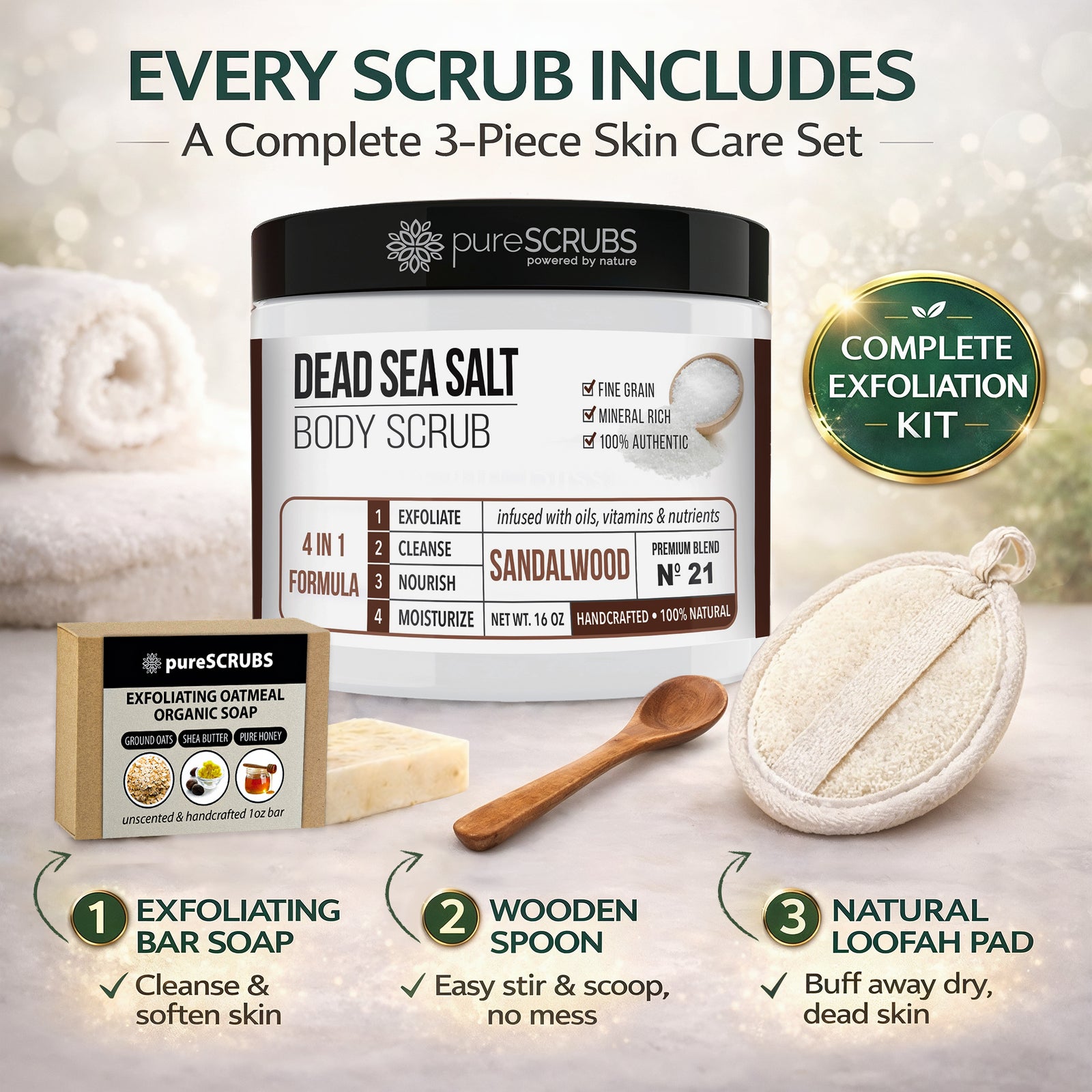 Sandalwood Body Scrub / Dead Sea Salt / Premium Blend #21