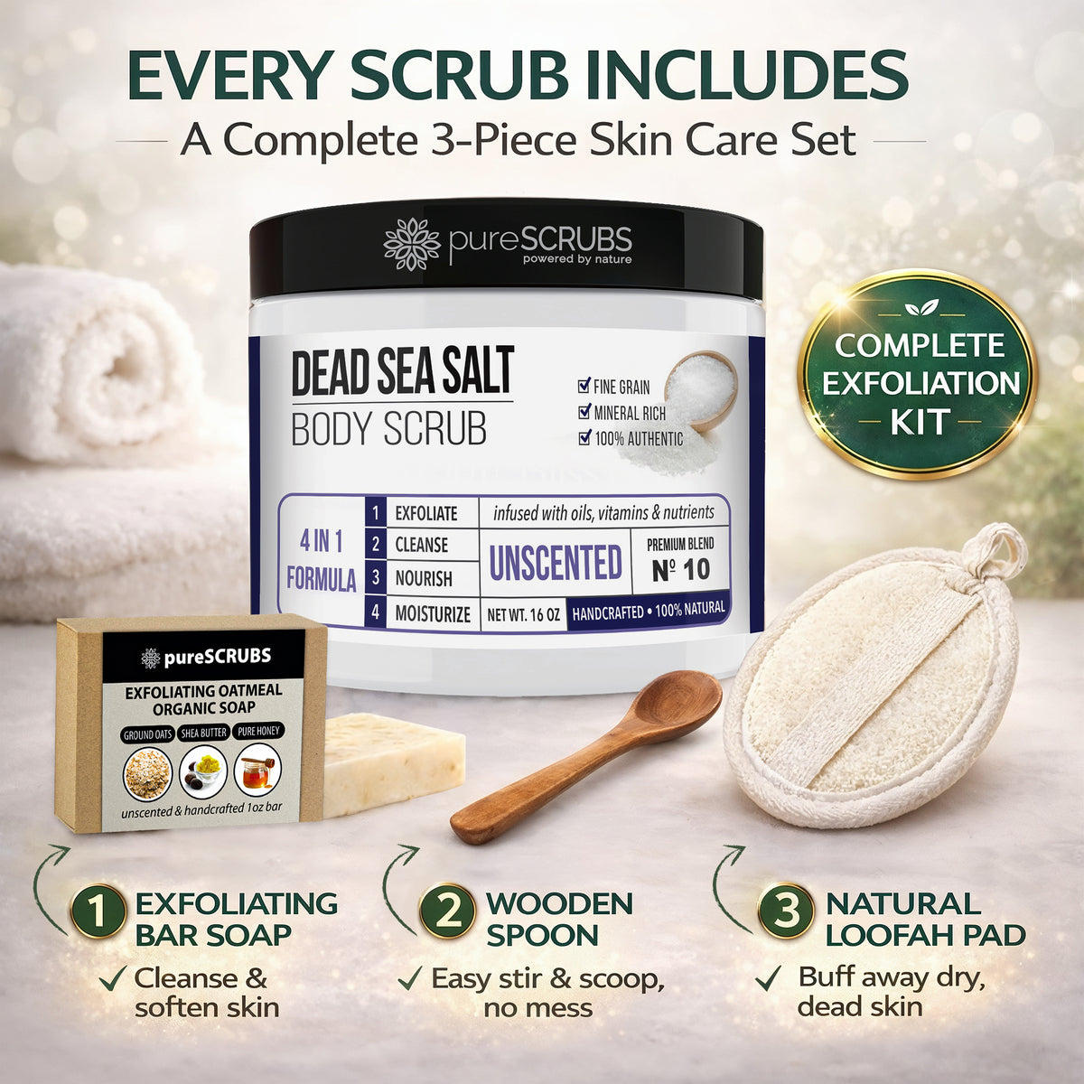 Unscented Body Scrub / Dead Sea Salt / Premium Blend #10