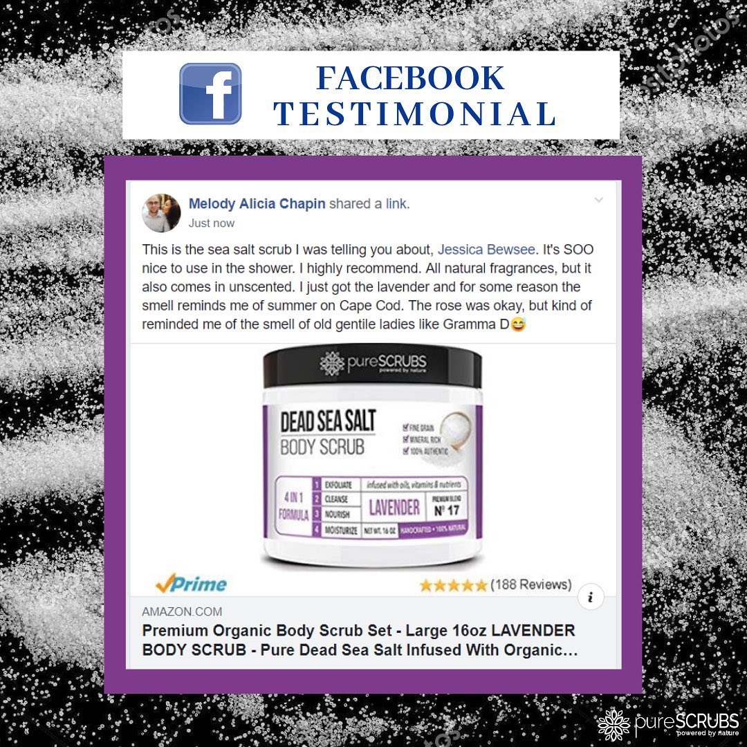 pureSCRUBS Dead Sea Salt Lavender Scrub Review "by Melody Alicia Chapin - This is the seal salt scrub I was telling you about, Jessica Bewsee.  It's SOO nice to use in the shower!  I highly recommend.  All natural fragrances, but it also comes in unscent"