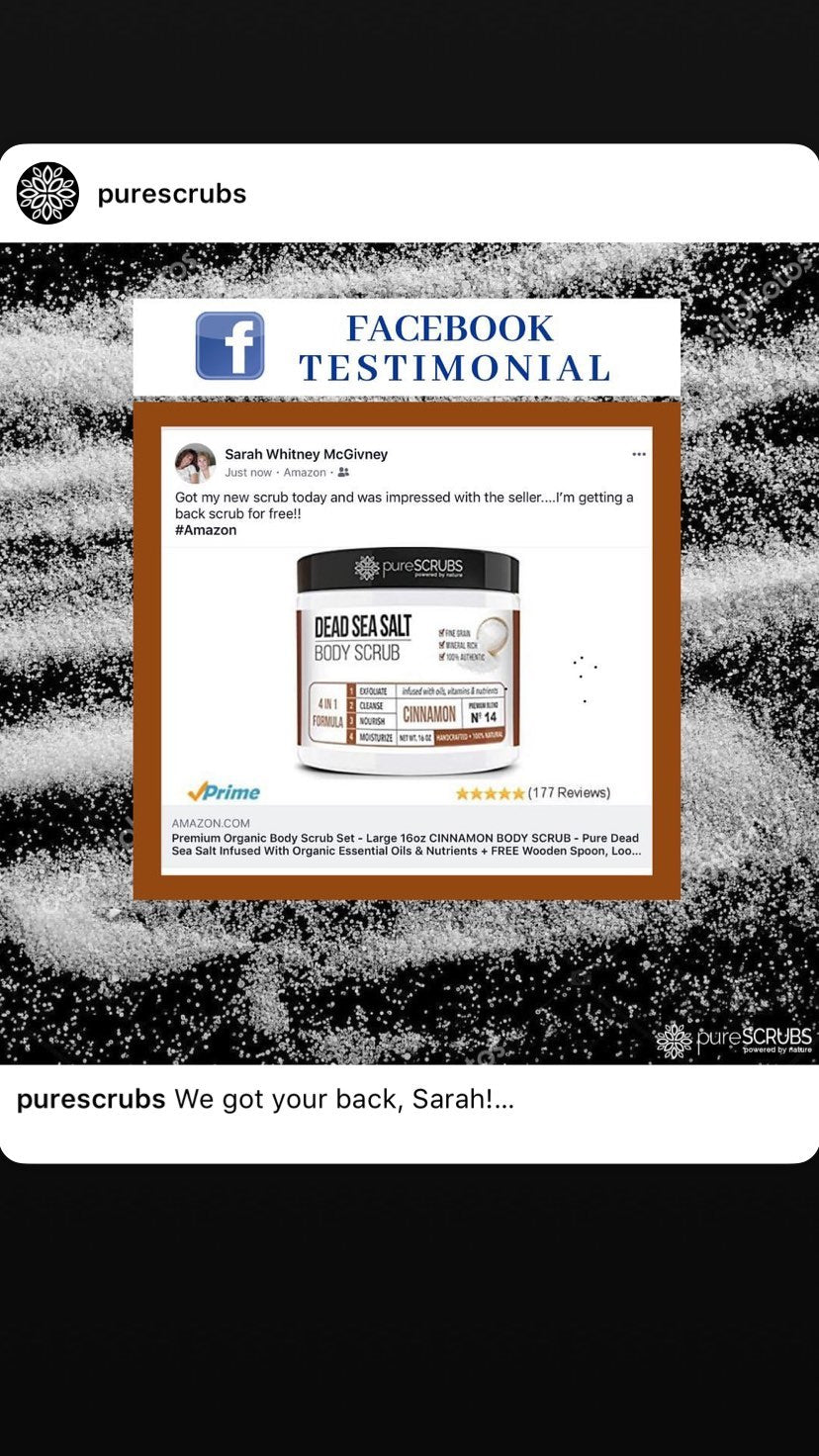 pureSCRUBS Dead Sea Salt Cinnamon Scrub Review "by Sarah Whitney McGivney - Got my new scrub today and was impressed with the seller...I'm getting a back scrub for free""