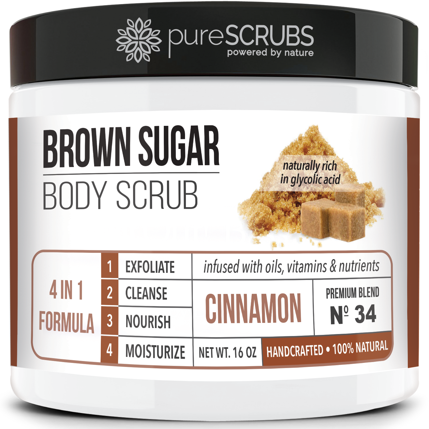 purescrubs Premium Blend #34 cinnamon brown sugar body scrub to exfoliate your skin comes with free loofah pad free exfoliating organic oatmeal bar soap shea butter and honey and free eco-friendly bamboo spoon to stir and scoop out the scrub 