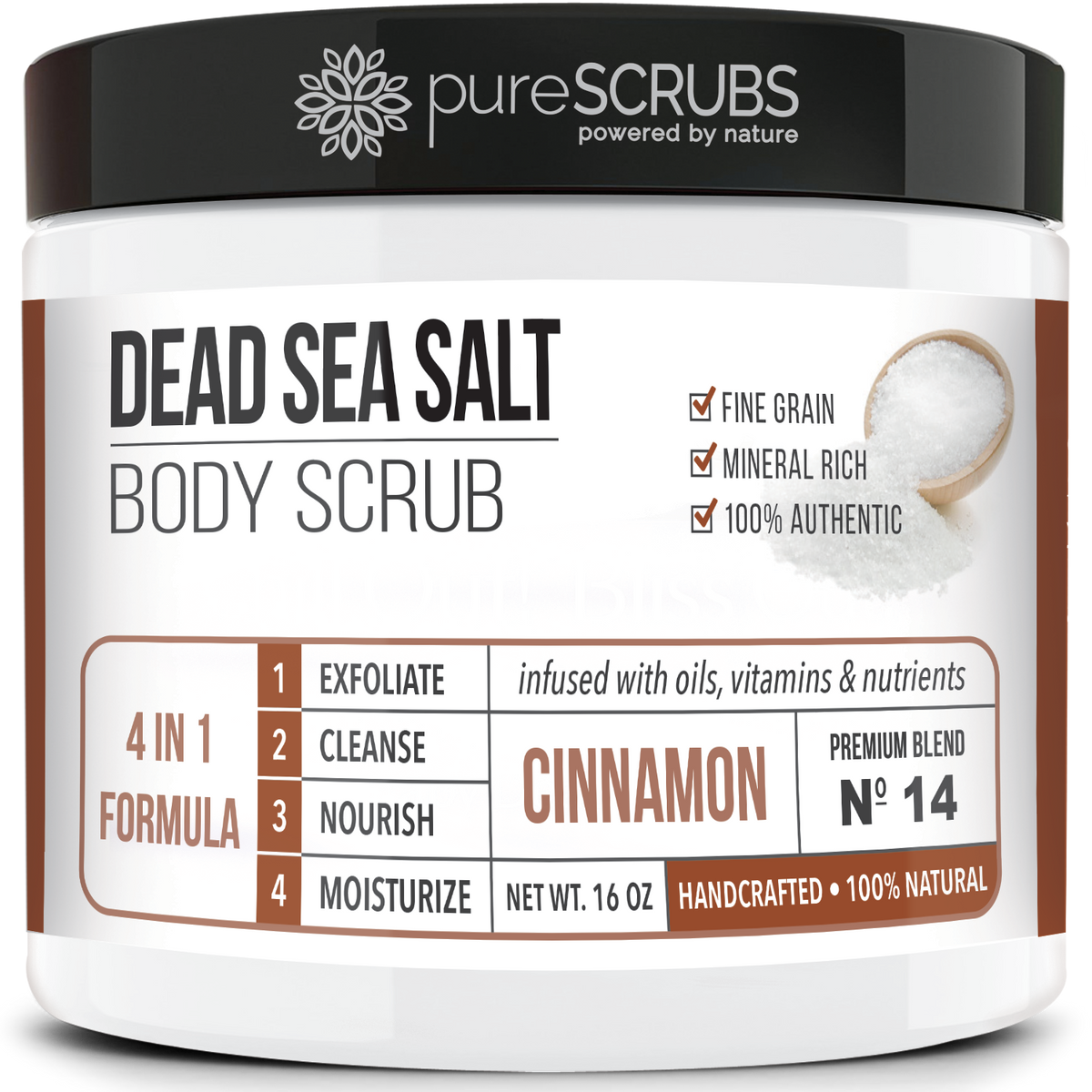 purescrubs Premium Blend #14 cinnamon dead sea salt body scrub to exfoliate your skin comes with free loofah pad free exfoliating organic oatmeal bar soap shea butter and honey and free eco-friendly bamboo spoon to stir and scoop out the scrub 