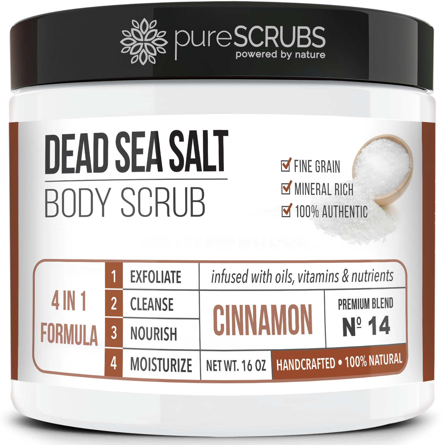purescrubs Premium Blend #14 cinnamon dead sea salt body scrub to exfoliate your skin comes with free loofah pad free exfoliating organic oatmeal bar soap shea butter and honey and free eco-friendly bamboo spoon to stir and scoop out the scrub 