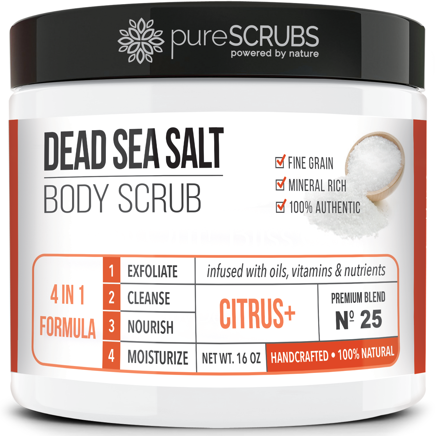 purescrubs 16oz jar Premium Blend #25 citrus dead sea salt body scrub to exfoliate your skin comes with free loofah pad free exfoliating organic oatmeal bar soap shea butter and honey and free eco-friendly bamboo spoon to stir and scoop out the scrub 