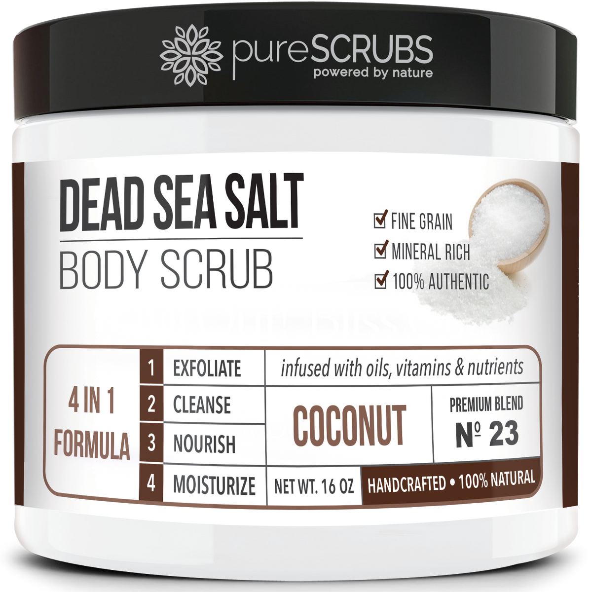 purescrubs coconut dead sea salt body scrub Premium Blend #23 to exfoliate your skin comes with free loofah pad free exfoliating organic oatmeal bar soap shea butter and honey and free eco-friendly bamboo spoon to stir and scoop out the scrub 