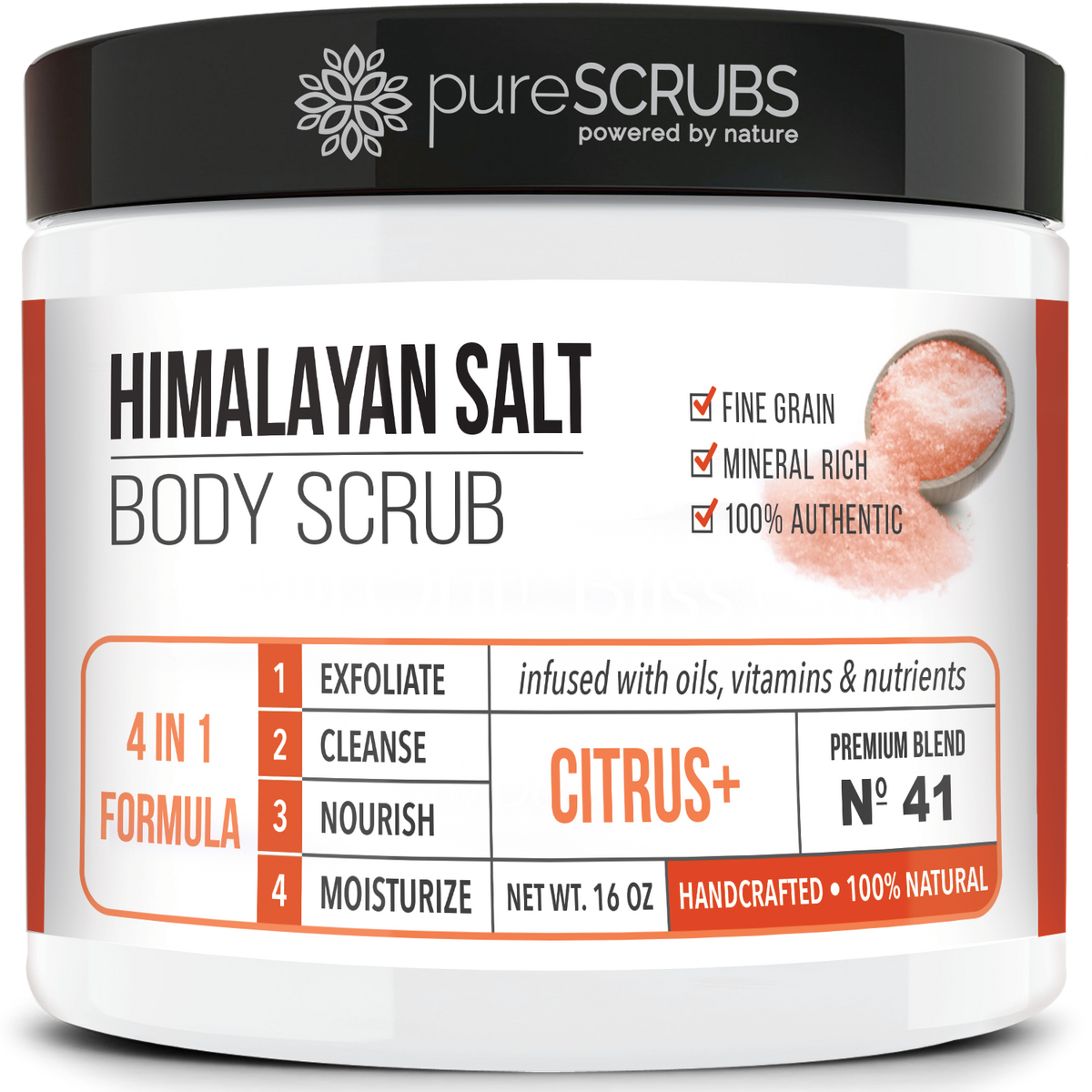 purescrubs 16oz jar citrus pink himalayan salt body scrub Premium Blend #41 to exfoliate your skin comes with free loofah pad free exfoliating organic oatmeal bar soap shea butter and honey and free eco-friendly bamboo spoon to stir and scoop out the scrub 