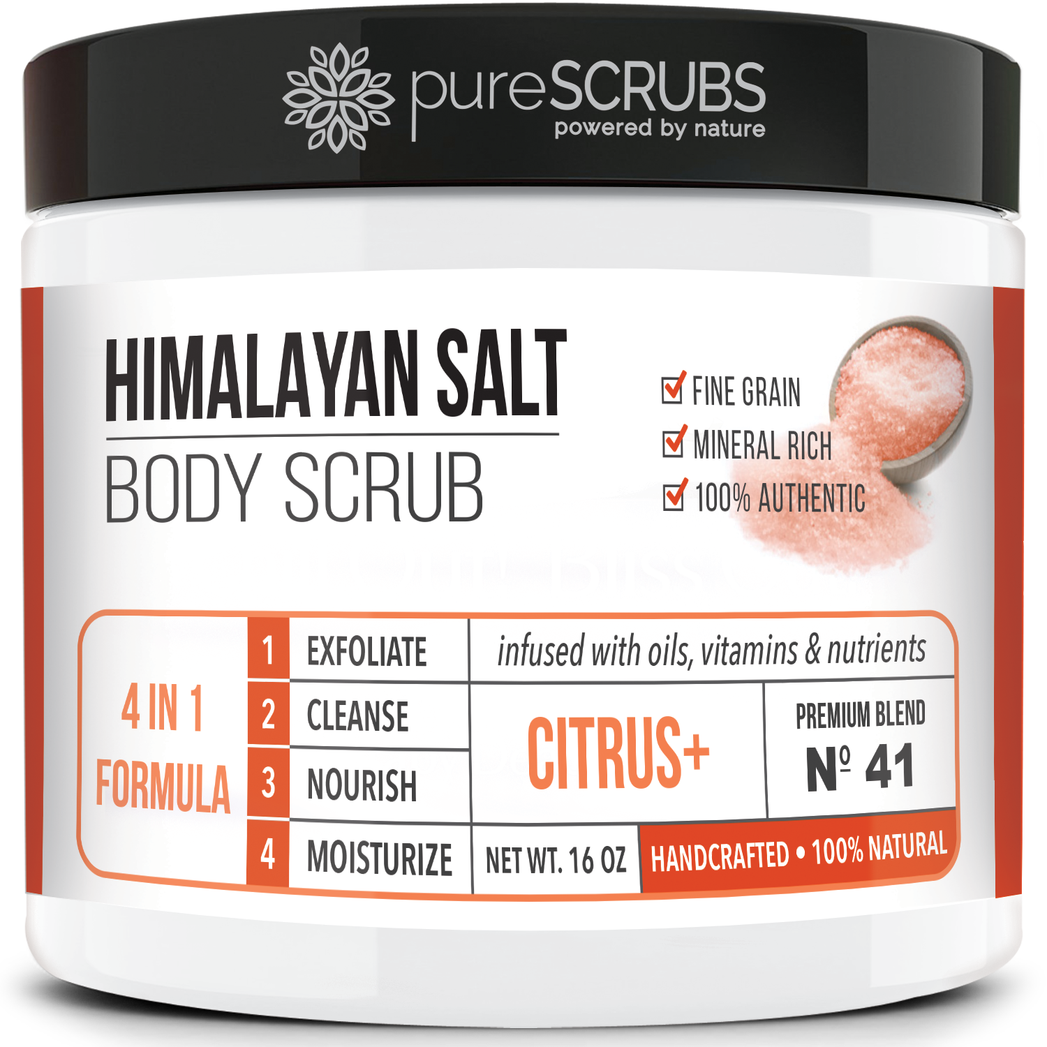 purescrubs 16oz jar citrus pink himalayan salt body scrub Premium Blend #41 to exfoliate your skin comes with free loofah pad free exfoliating organic oatmeal bar soap shea butter and honey and free eco-friendly bamboo spoon to stir and scoop out the scrub 