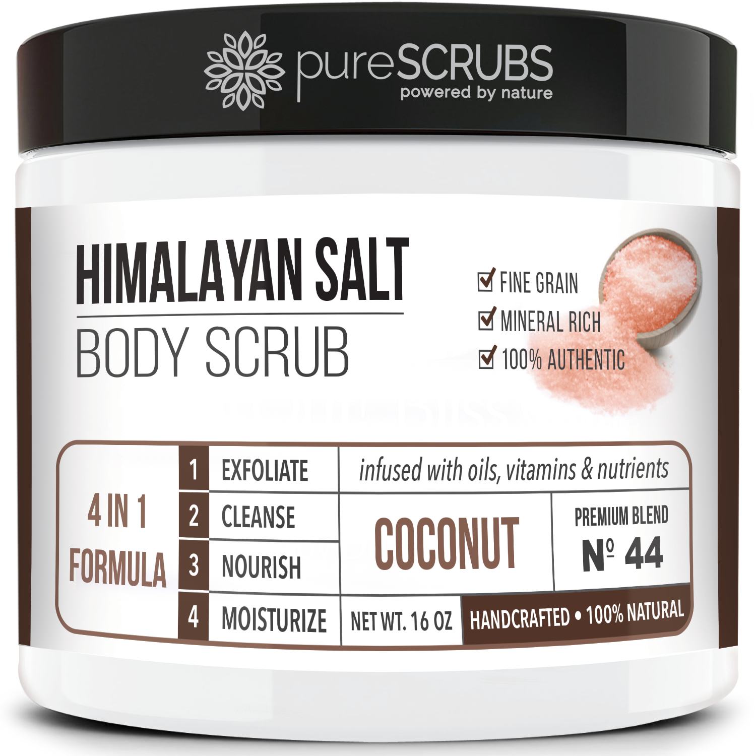 purescrubs 16oz jar coconut pink himalayan salt body scrub Premium Blend #44 to exfoliate your skin comes with free loofah pad free exfoliating organic oatmeal bar soap shea butter and honey and free eco-friendly bamboo spoon to stir and scoop out the scrub 
