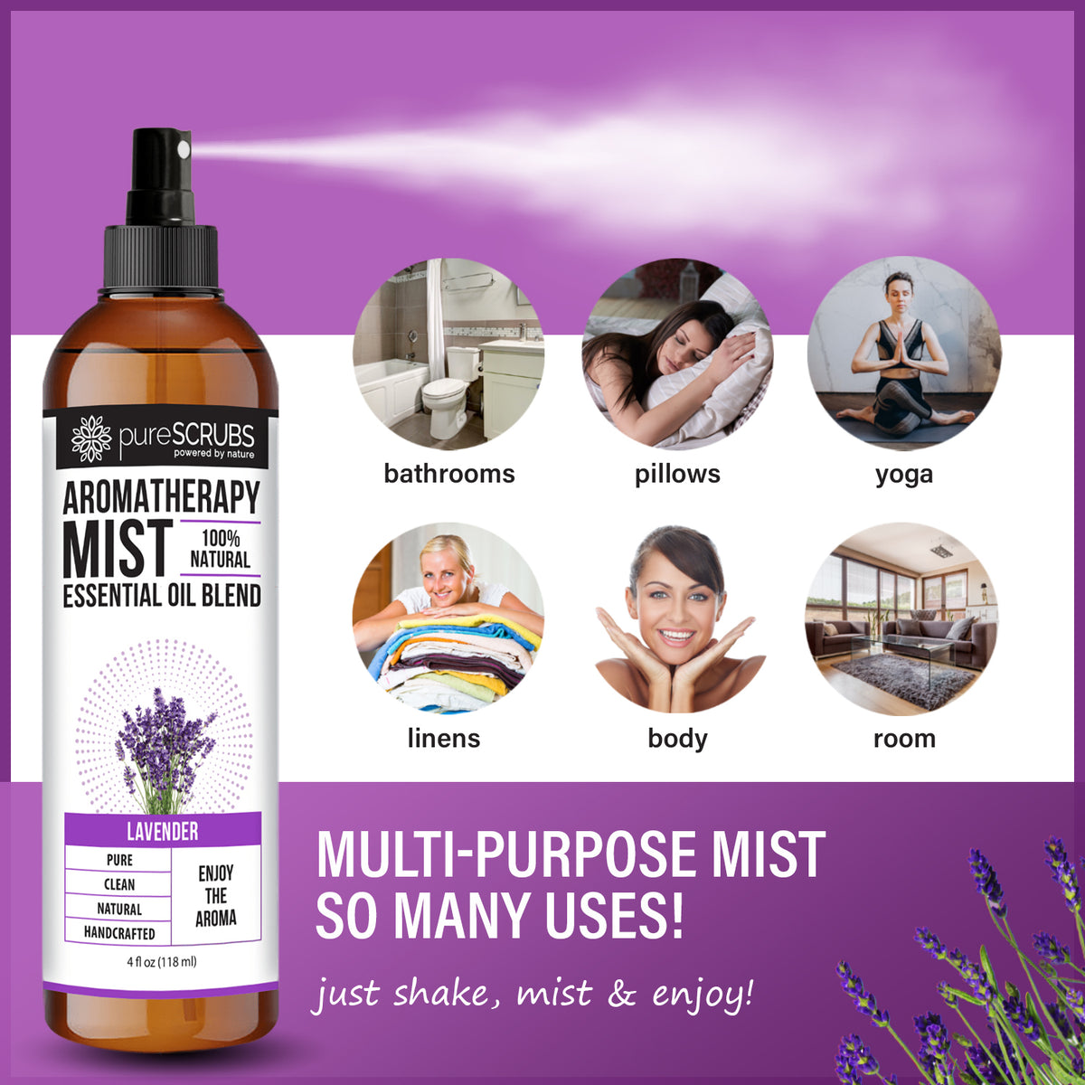 Lavender Aromatherapy Mist - 100% Natural Essential Oil Blend for Room, Body, Linens